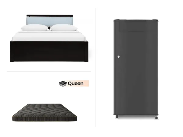 Crest Queen Size Double Bed With Premium Foam Mattress Queen Size (78 x 60 x 4 inches) With Single door fridge